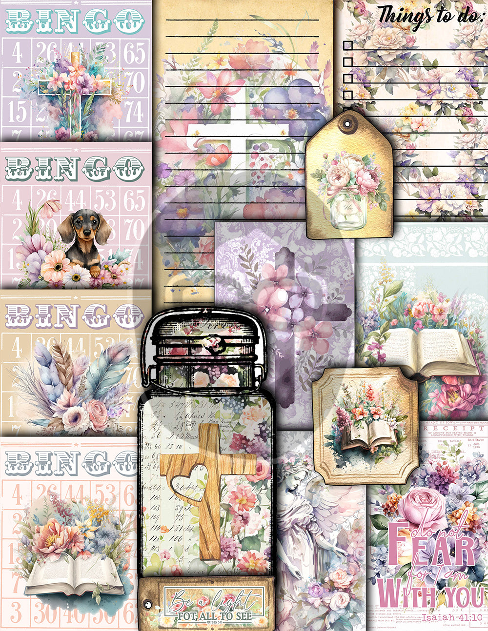 Faith Junk Journal Kit, Scripture Ephemera, Pastel Digital Papers-40pg Digital Download- Religious Cards, Prayer Quotes, Bible Verse Cards