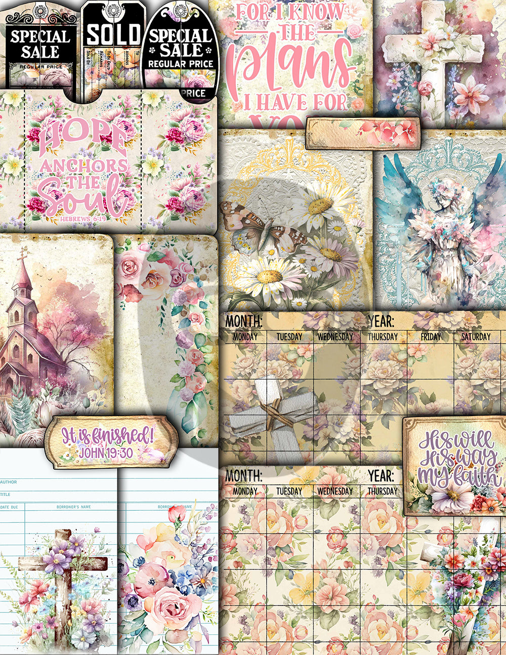 Faith Junk Journal Kit, Scripture Ephemera, Pastel Digital Papers-40pg Digital Download- Religious Cards, Prayer Quotes, Bible Verse Cards