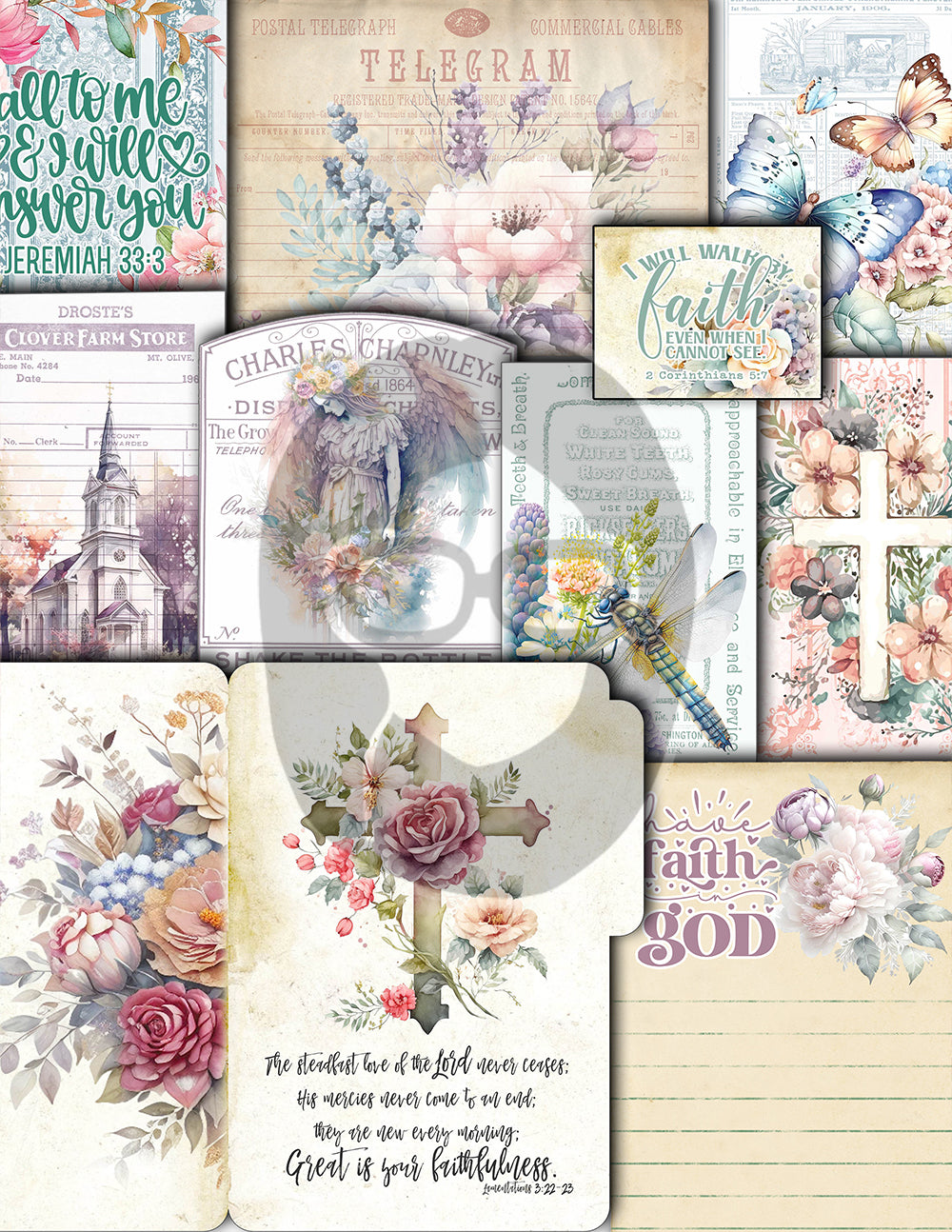 Faith Junk Journal Kit, Scripture Ephemera, Pastel Digital Papers-40pg Digital Download- Religious Cards, Prayer Quotes, Bible Verse Cards