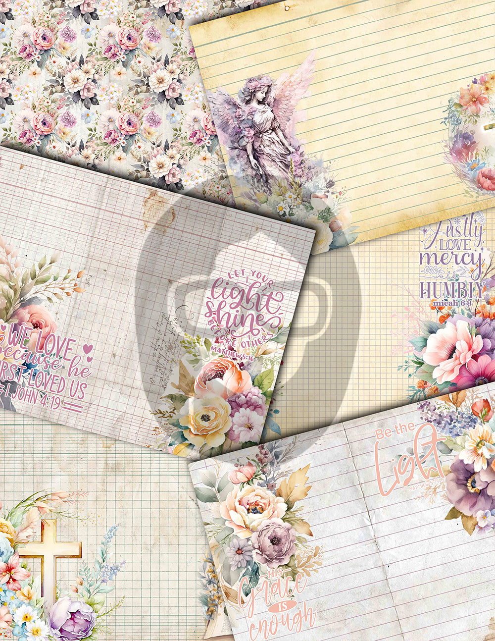 Faith Junk Journal Kit, Scripture Ephemera, Pastel Digital Papers-40pg Digital Download- Religious Cards, Prayer Quotes, Bible Verse Cards
