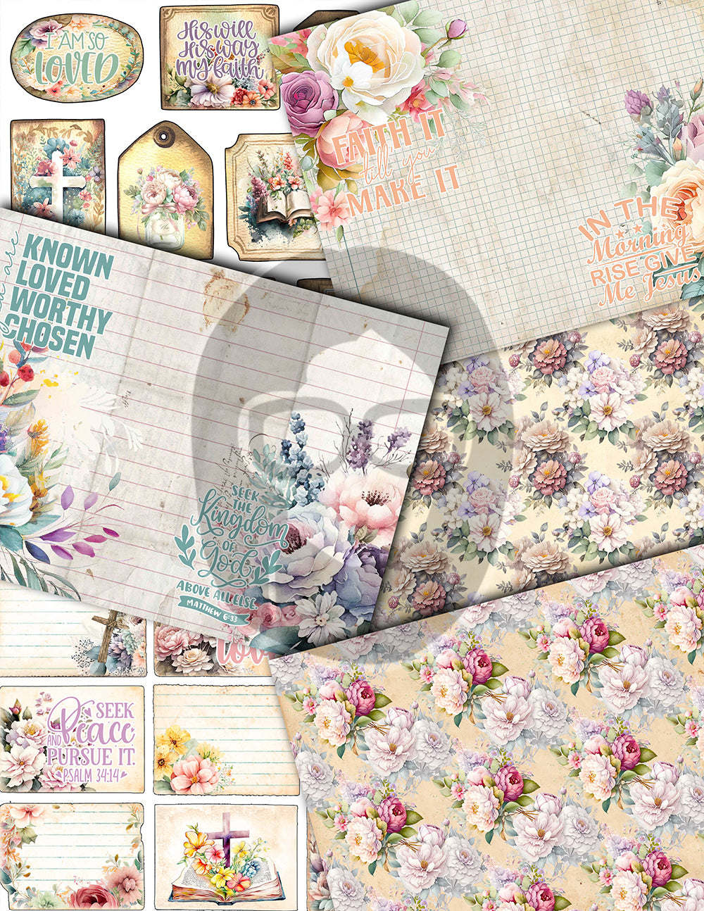 Faith Junk Journal Kit, Scripture Ephemera, Pastel Digital Papers-40pg Digital Download- Religious Cards, Prayer Quotes, Bible Verse Cards