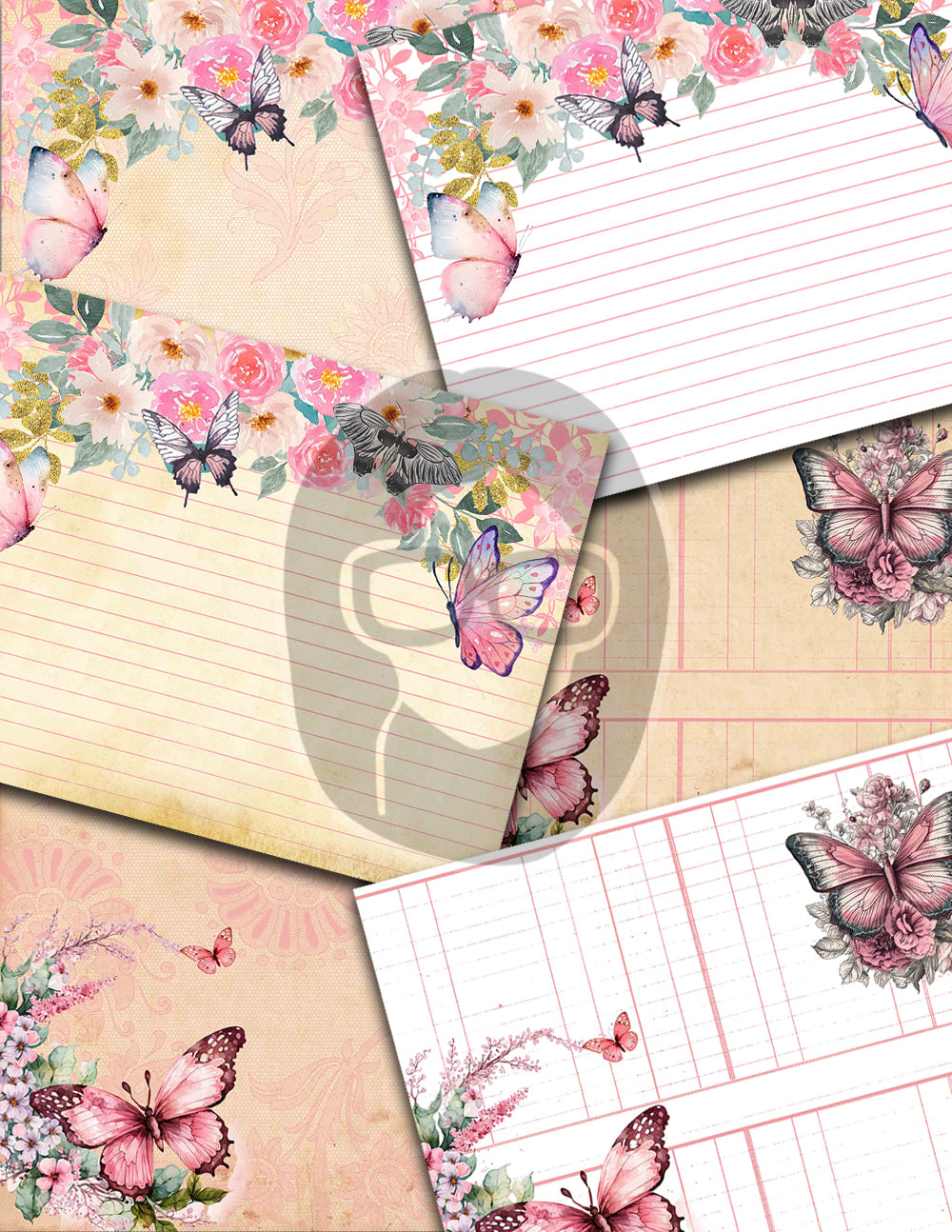 Junk Journal Pages, Butterfly Journal Printable -36pg Digital Download- Pink Digital Paper, Ephemera Background, Collage Sheets Printable