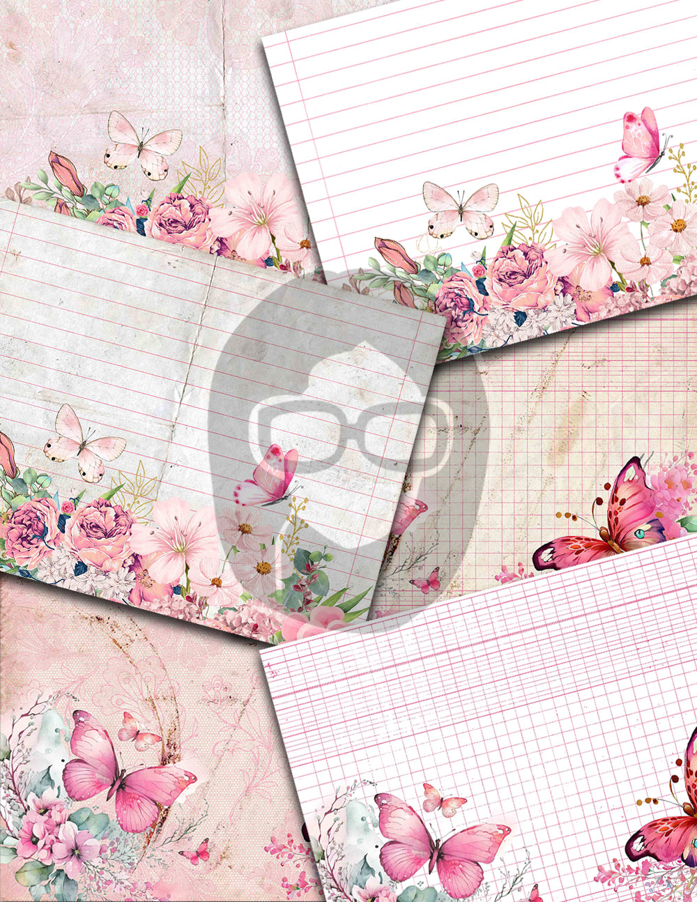 Junk Journal Pages, Butterfly Journal Printable -36pg Digital Download- Pink Digital Paper, Ephemera Background, Collage Sheets Printable