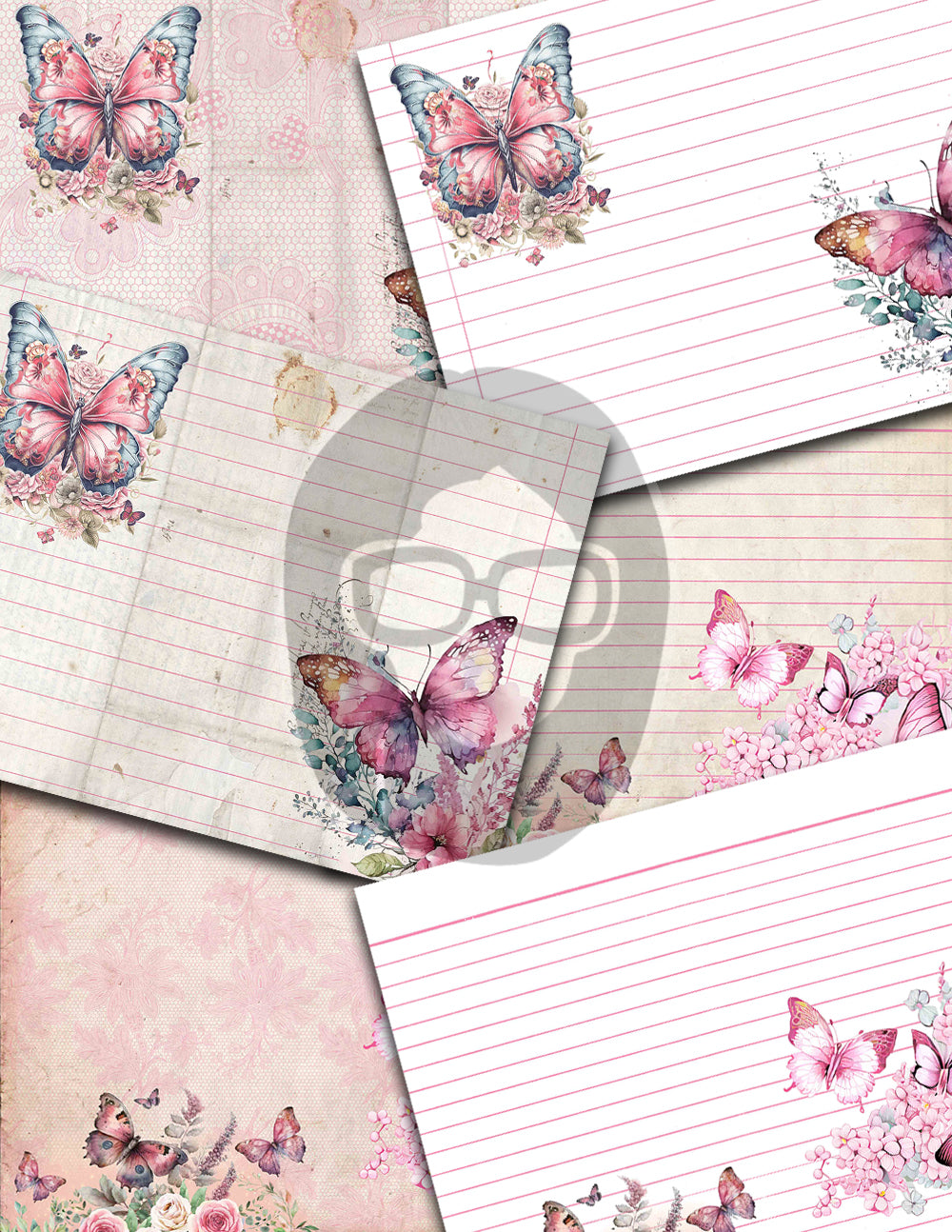 Junk Journal Pages, Butterfly Journal Printable -36pg Digital Download- Pink Digital Paper, Ephemera Background, Collage Sheets Printable