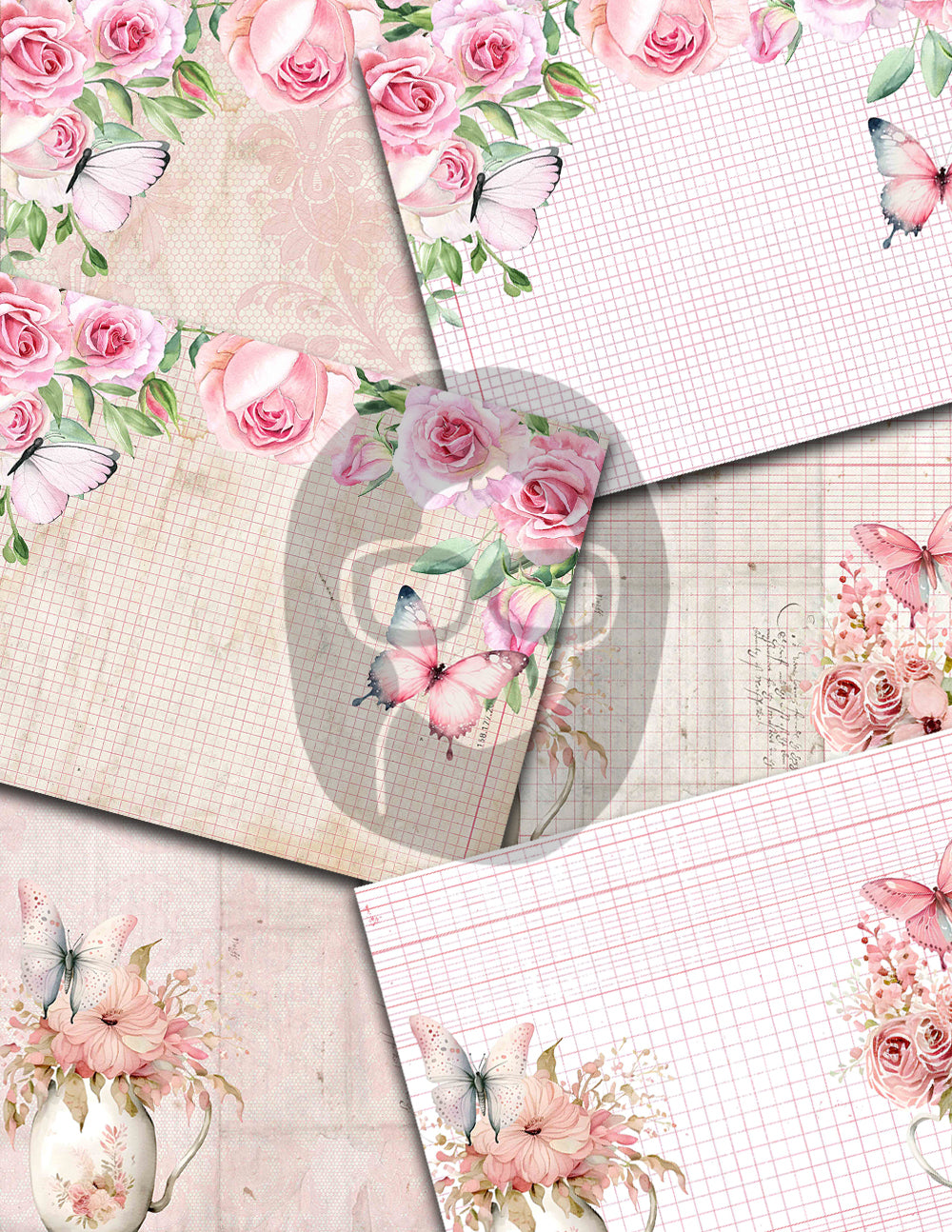 Junk Journal Pages, Butterfly Journal Printable -36pg Digital Download- Pink Digital Paper, Ephemera Background, Collage Sheets Printable