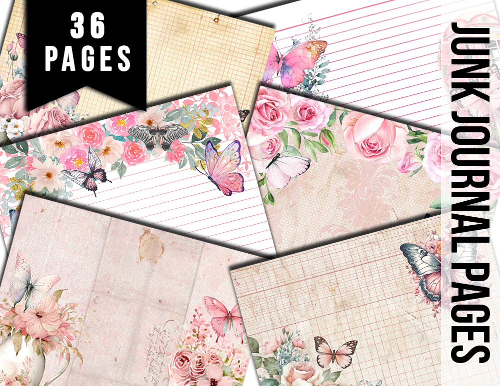 Junk Journal Pages, Butterfly Journal Printable -36pg Digital Download- Pink Digital Paper, Ephemera Background, Collage Sheets Printable