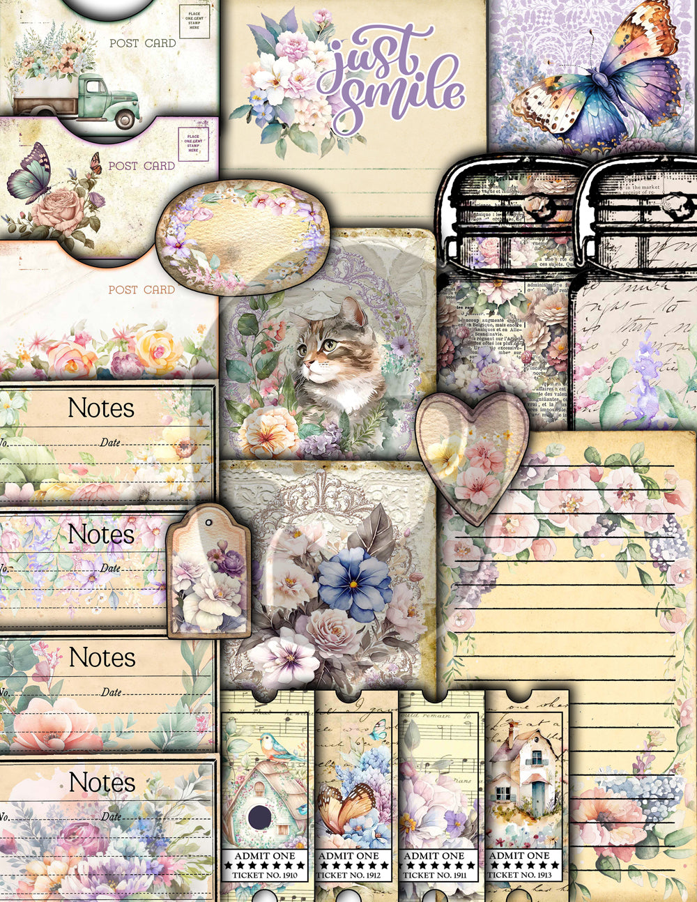 Pastel Junk Journal Kit, Pastel Digital Papers -40pg Instant Download- Journaling Ephemera, Printable Vintage Paper, Lined Journal Pages