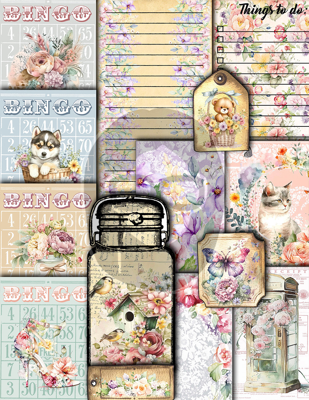 Pastel Junk Journal Kit, Pastel Digital Papers -40pg Instant Download- Journaling Ephemera, Printable Vintage Paper, Lined Journal Pages