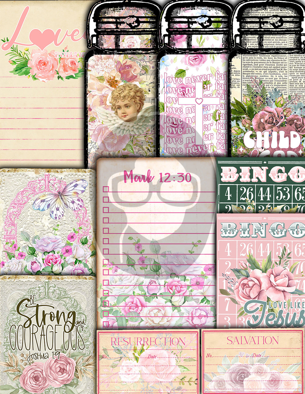 Faith Junk Journal Kit, Scripture Ephemera -40pg Digital Download- Religious Note Cards, Catholic Cross, Prayer Quotes, Bible Verse Cards