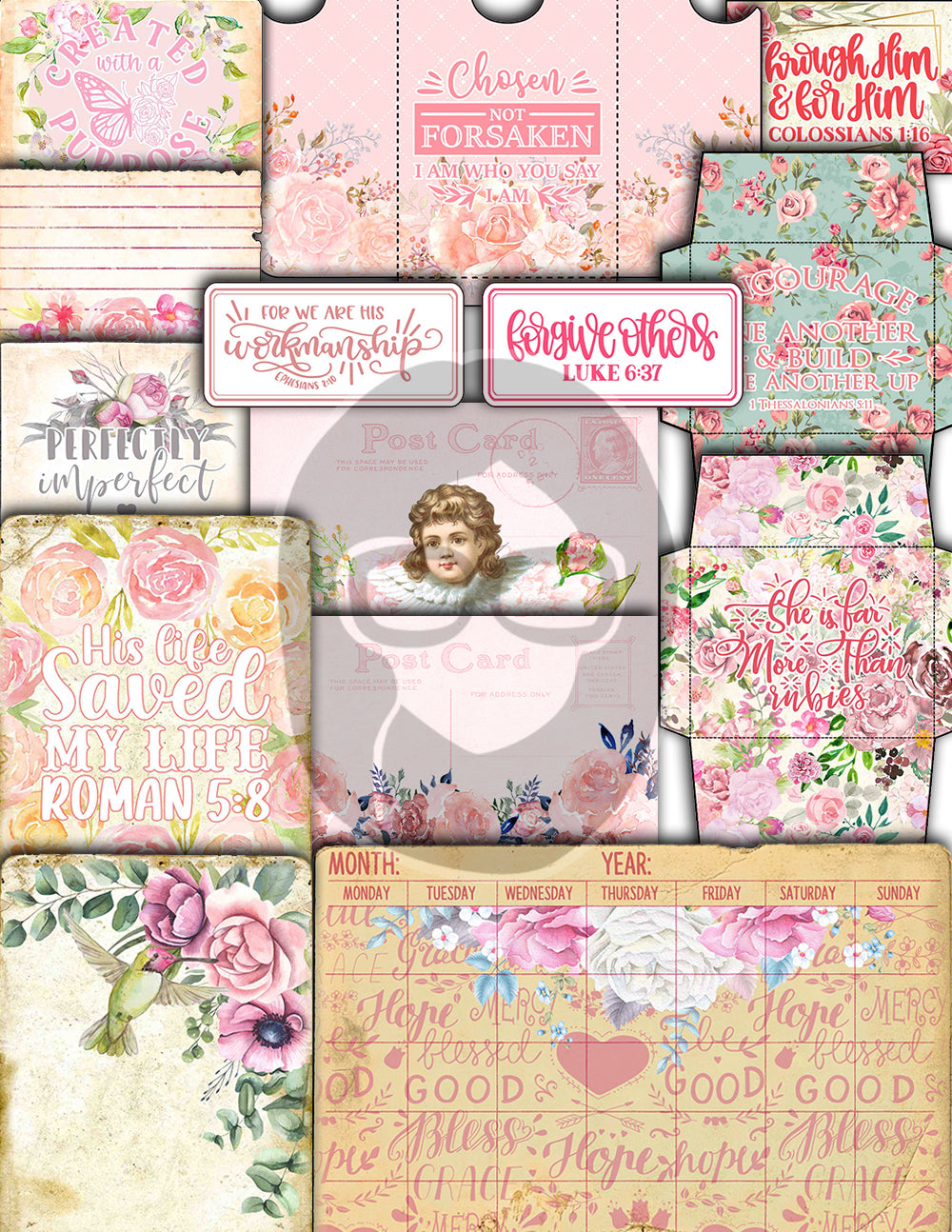 Faith Junk Journal Kit, Scripture Ephemera -40pg Digital Download- Religious Note Cards, Catholic Cross, Prayer Quotes, Bible Verse Cards
