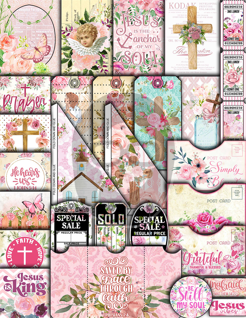 Faith Junk Journal Kit, Scripture Ephemera -40pg Digital Download- Religious Note Cards, Catholic Cross, Prayer Quotes, Bible Verse Cards