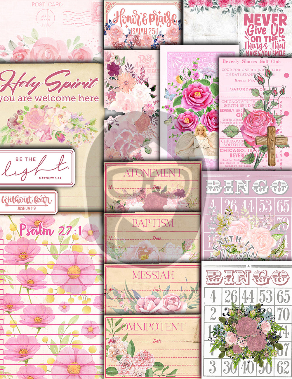 Faith Junk Journal Kit, Scripture Ephemera -40pg Digital Download- Religious Note Cards, Catholic Cross, Prayer Quotes, Bible Verse Cards