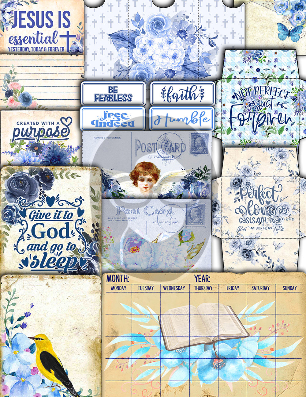 Faith Junk Journal Kit, Scripture Ephemera -40pg Digital Download- Religious Note Cards, Catholic Cross, Prayer Quotes, Bible Verse Cards