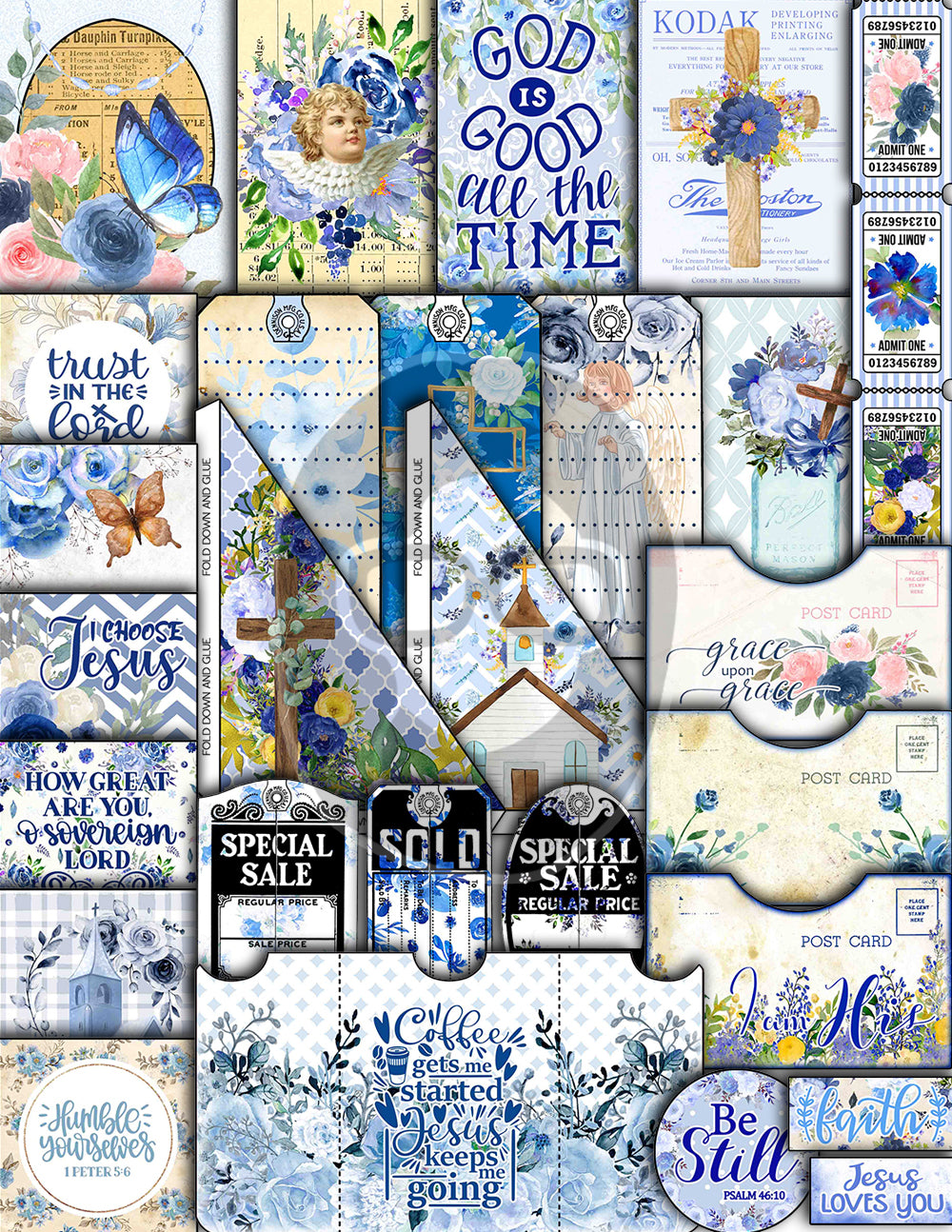 Faith Junk Journal Kit, Scripture Ephemera -40pg Digital Download- Religious Note Cards, Catholic Cross, Prayer Quotes, Bible Verse Cards