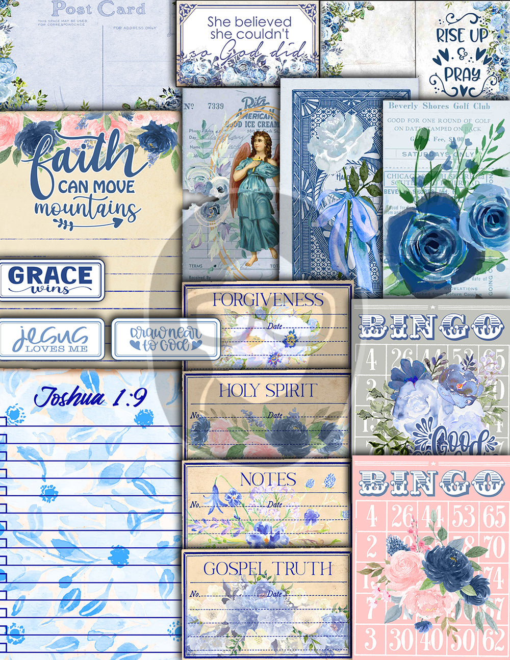 Faith Junk Journal Kit, Scripture Ephemera -40pg Digital Download- Religious Note Cards, Catholic Cross, Prayer Quotes, Bible Verse Cards
