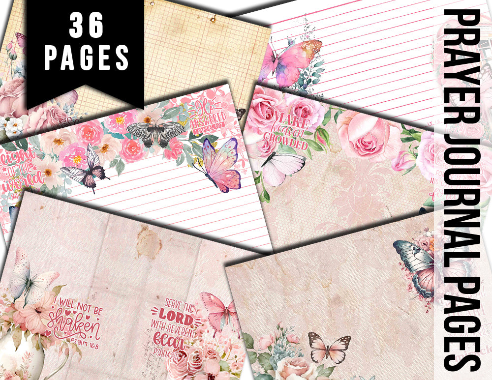Bible Journaling Printables, Junk Journal Pages -36pg Digital Download-Pink Butterfly, Christian Verses, Devotional Kit, Faith Encouragement