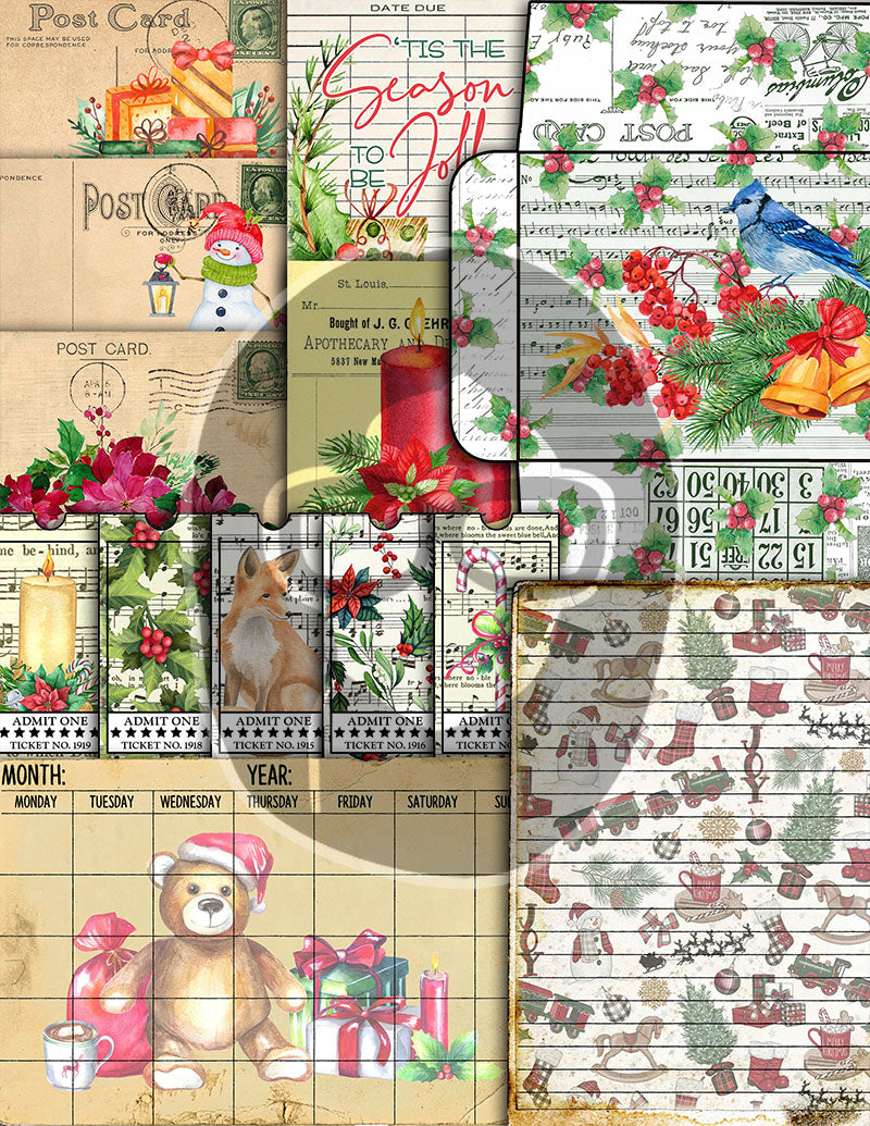 Christmas Printables, Junk Journal Kit -40pg Digital Download- Junk Journal DIY, Pockets, Envelopes, Labels, Tags, Cards, Red, Lined Pages