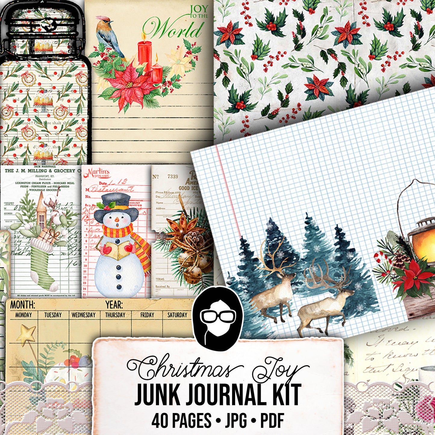 Christmas Printables, Junk Journal Kit -40pg Digital Download- Junk Journal DIY, Pockets, Envelopes, Labels, Tags, Cards, Red, Lined Pages