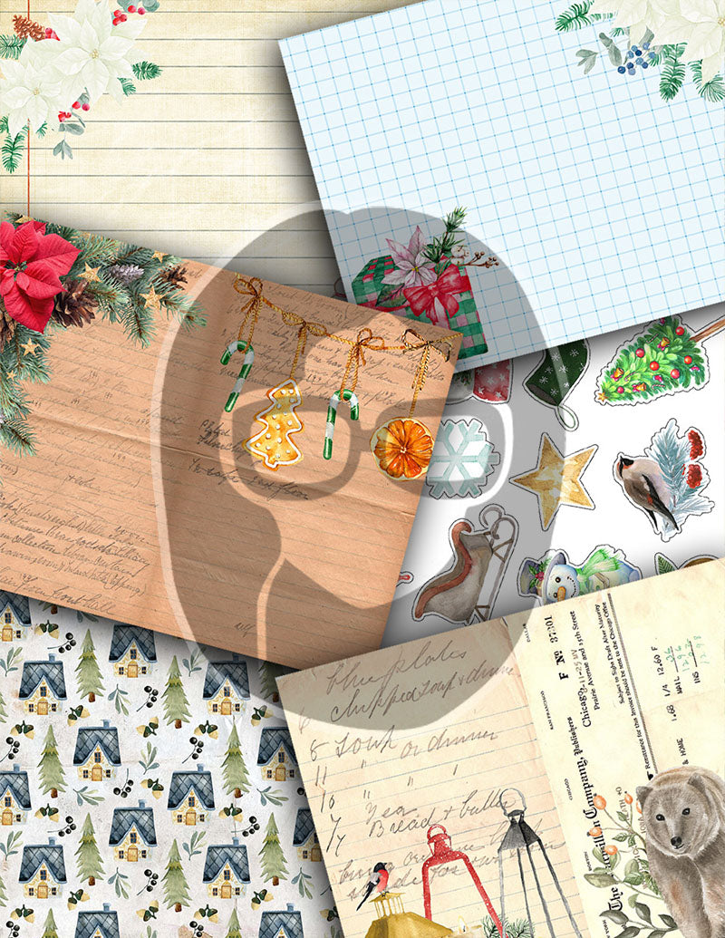 Christmas Printables, Junk Journal Kit -40pg Digital Download- Junk Journal DIY, Pockets, Envelopes, Labels, Tags, Cards, Red, Lined Pages