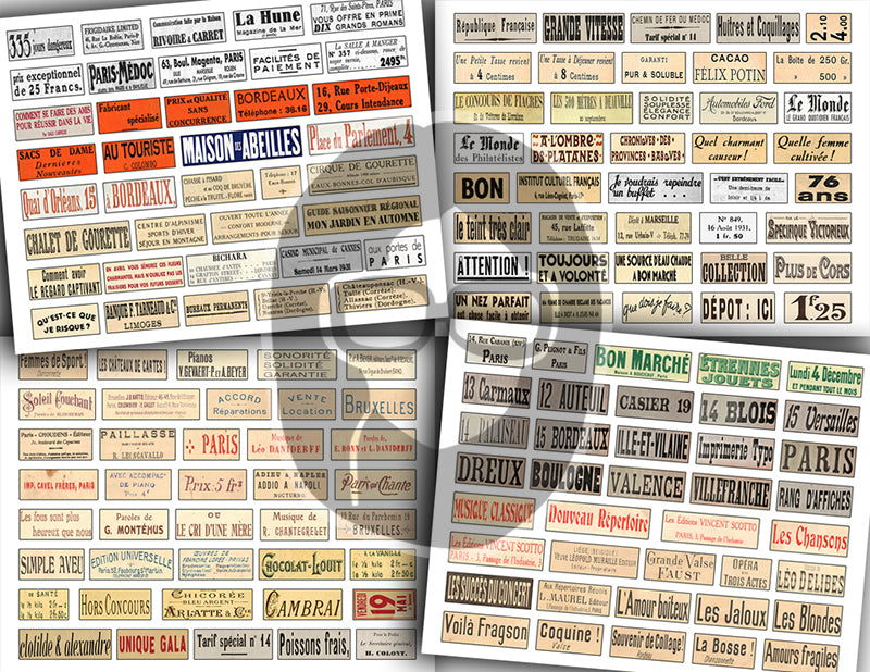 French Ephemera, Junk Journal Labels -30pg Digital Download- French Labels, Fussy Cut Ephemera, Ink Saver, French Antique, Word Labels