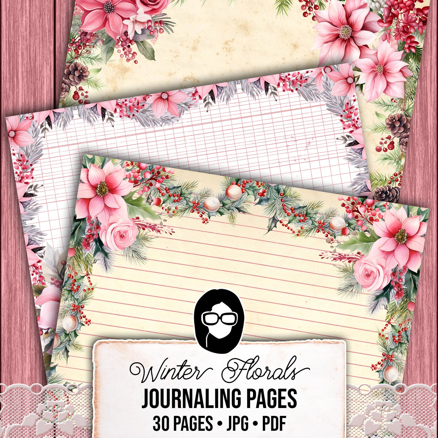 Christmas Journal Pages, Lined Journaling Papers -30pg Digital Download- Holiday Printable Paper, Christmas Flowers, Pink Holly Berries