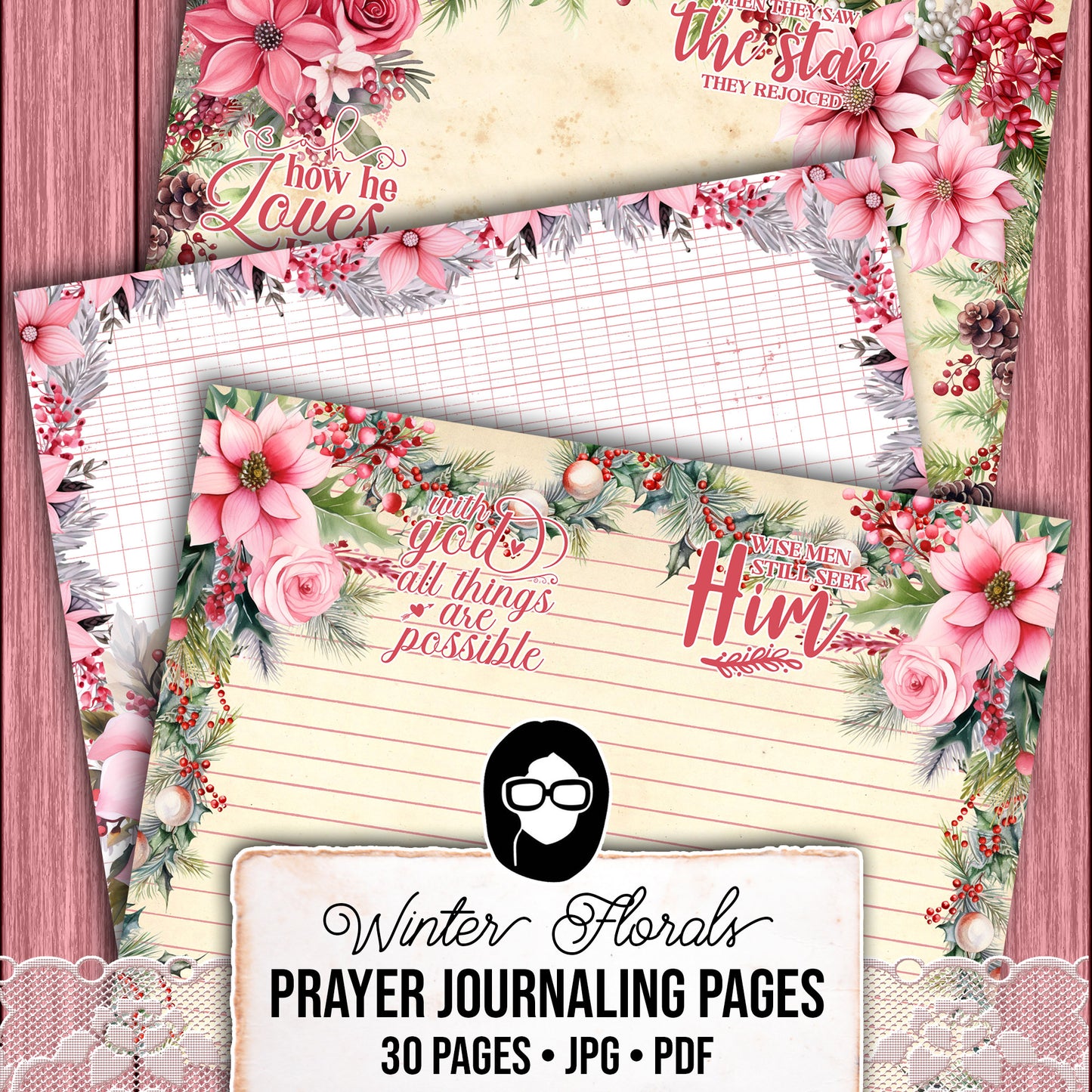 Christian Christmas Printables, Bible Journal Pages -30pg Digital Download- Lined Journaling Papers, Devotional Quotes, Jesus Junk Journal