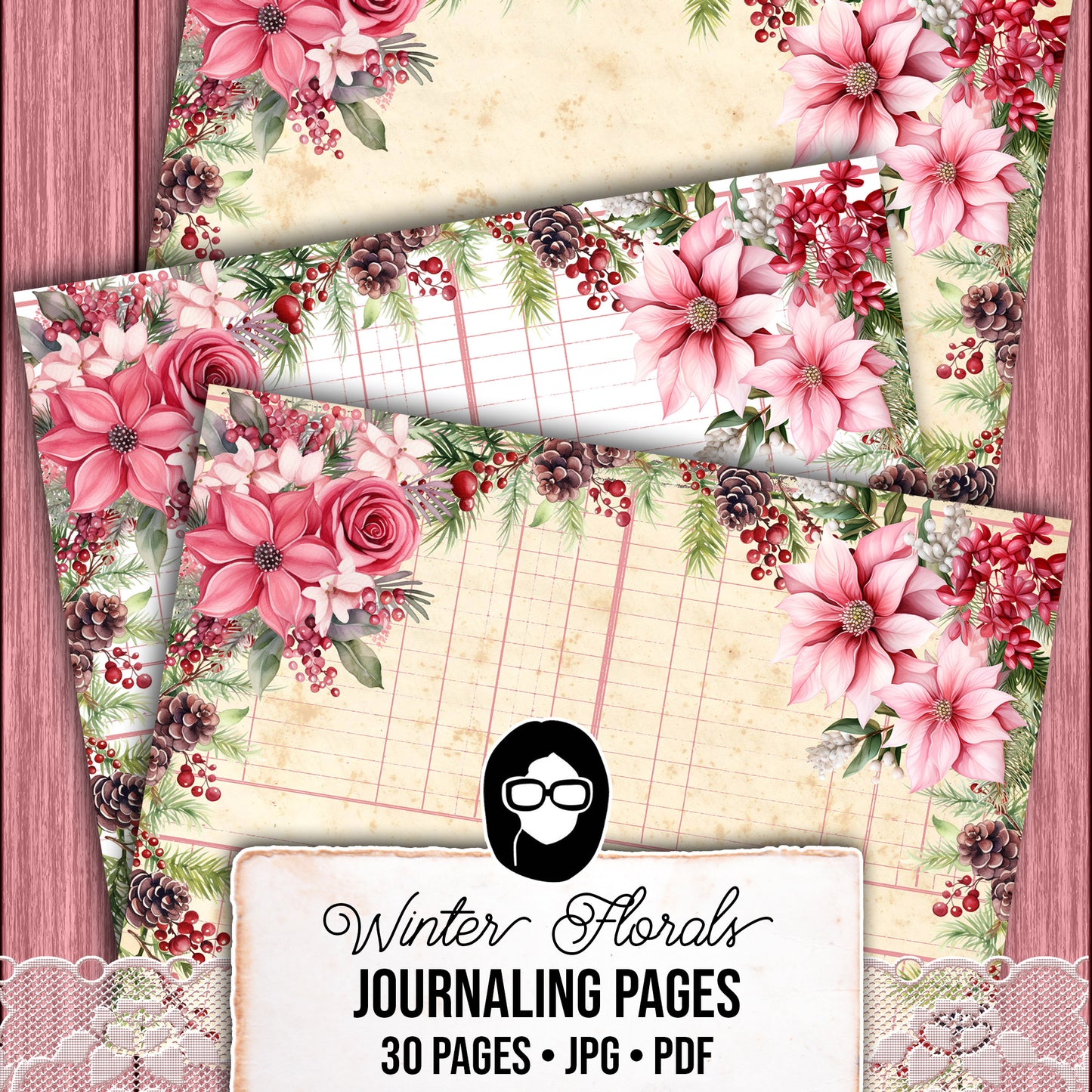 Christmas Journal Pages, Lined Journaling Papers -30pg Digital Download- Holiday Printable Paper, Christmas Flowers, Pink Holly Berries