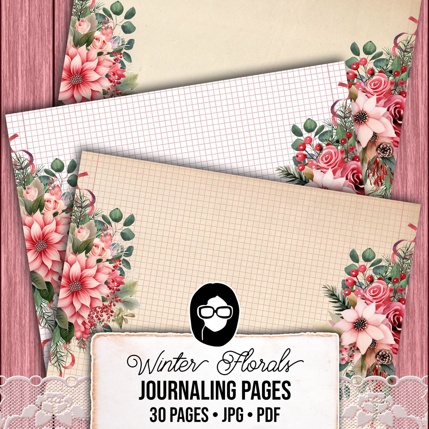 Christmas Journal Pages, Lined Journaling Papers -30pg Digital Download- Holiday Printable Paper, Christmas Flowers, Pink Holly Berries