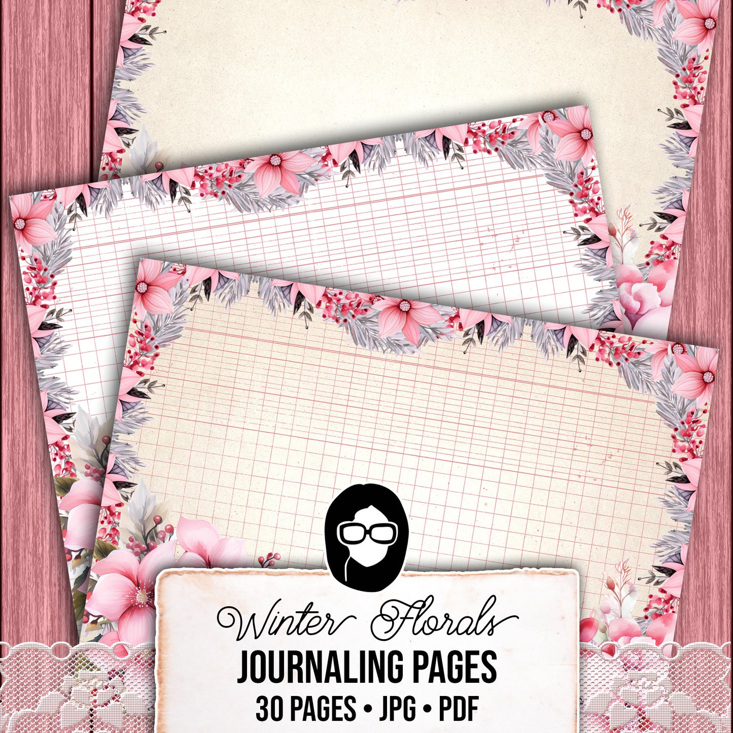 Christmas Journal Pages, Lined Journaling Papers -30pg Digital Download- Holiday Printable Paper, Christmas Flowers, Pink Holly Berries