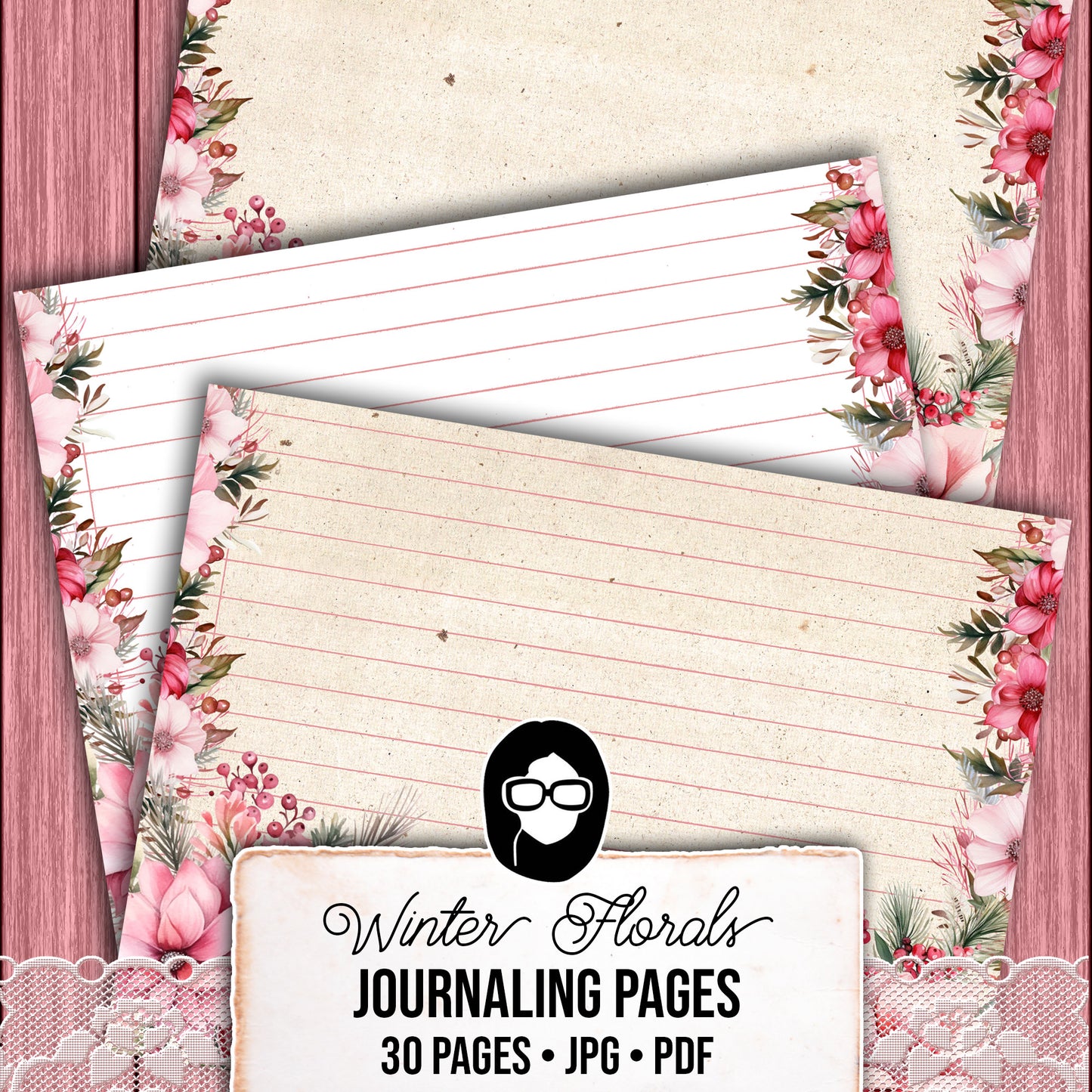 Christmas Journal Pages, Lined Journaling Papers -30pg Digital Download- Holiday Printable Paper, Christmas Flowers, Pink Holly Berries