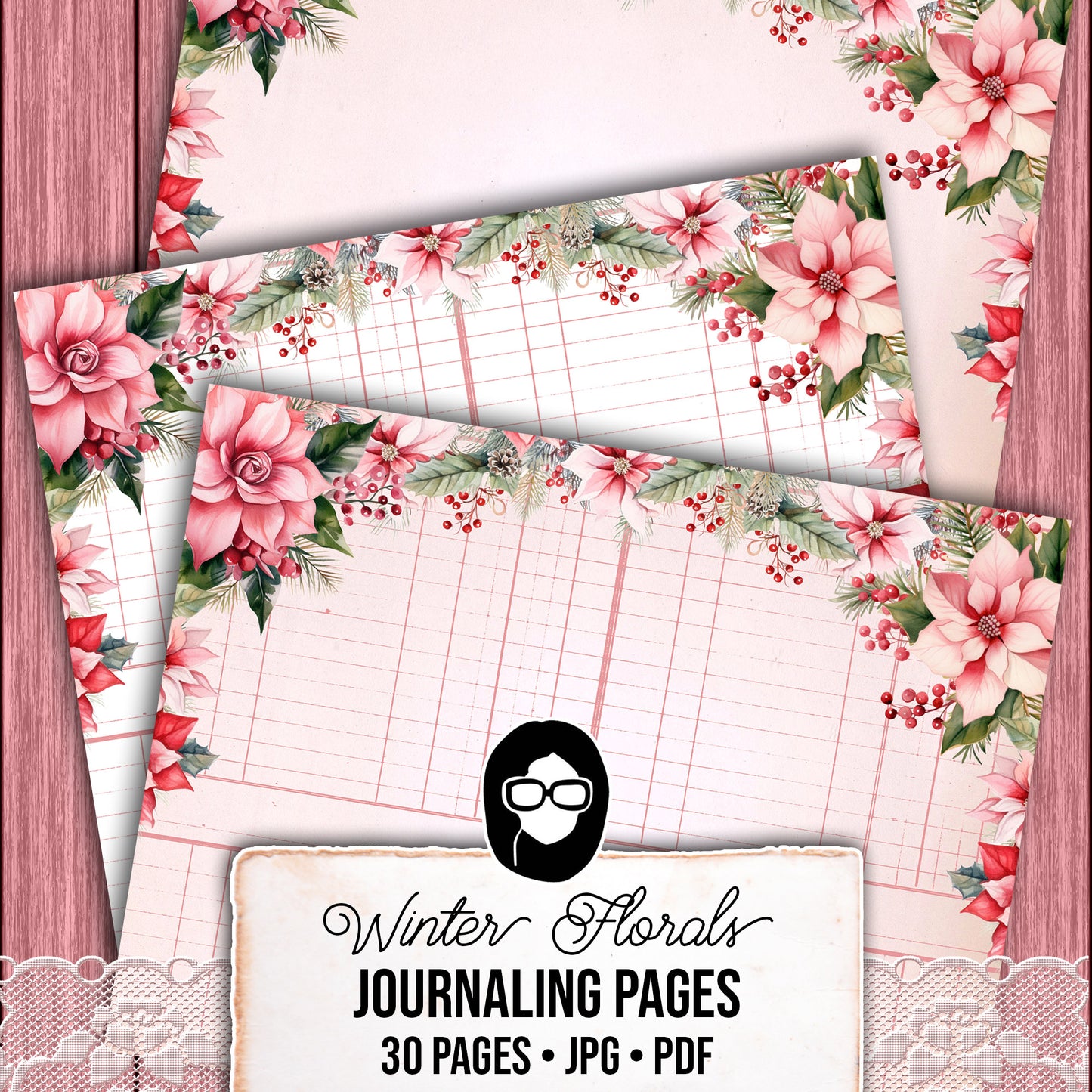 Christmas Journal Pages, Lined Journaling Papers -30pg Digital Download- Holiday Printable Paper, Christmas Flowers, Pink Holly Berries