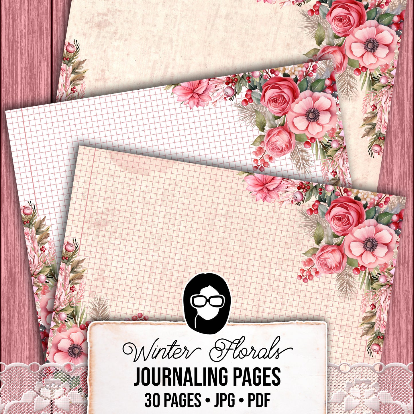 Christmas Journal Pages, Lined Journaling Papers -30pg Digital Download- Holiday Printable Paper, Christmas Flowers, Pink Holly Berries