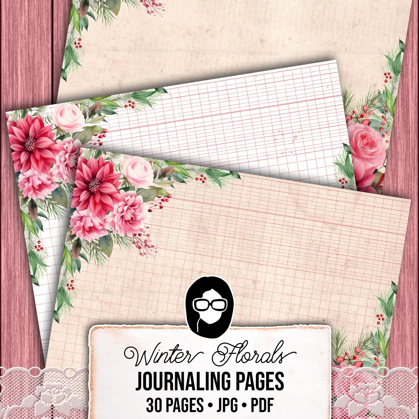 Christmas Journal Pages, Lined Journaling Papers -30pg Digital Download- Holiday Printable Paper, Christmas Flowers, Pink Holly Berries