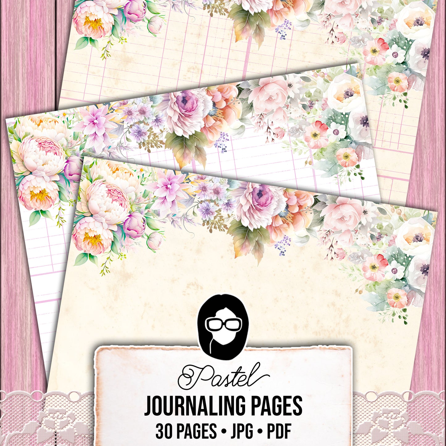 Pastel Junk Journal Pages, Scrapbook Paper -30pg Digital Download- Lined Journaling Pages, Spring Flowers, Shabby Chic Digital Paper