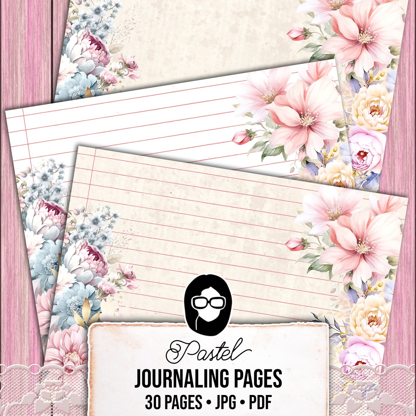 Pastel Junk Journal Pages, Scrapbook Paper -30pg Digital Download- Lined Journaling Pages, Spring Flowers, Shabby Chic Digital Paper