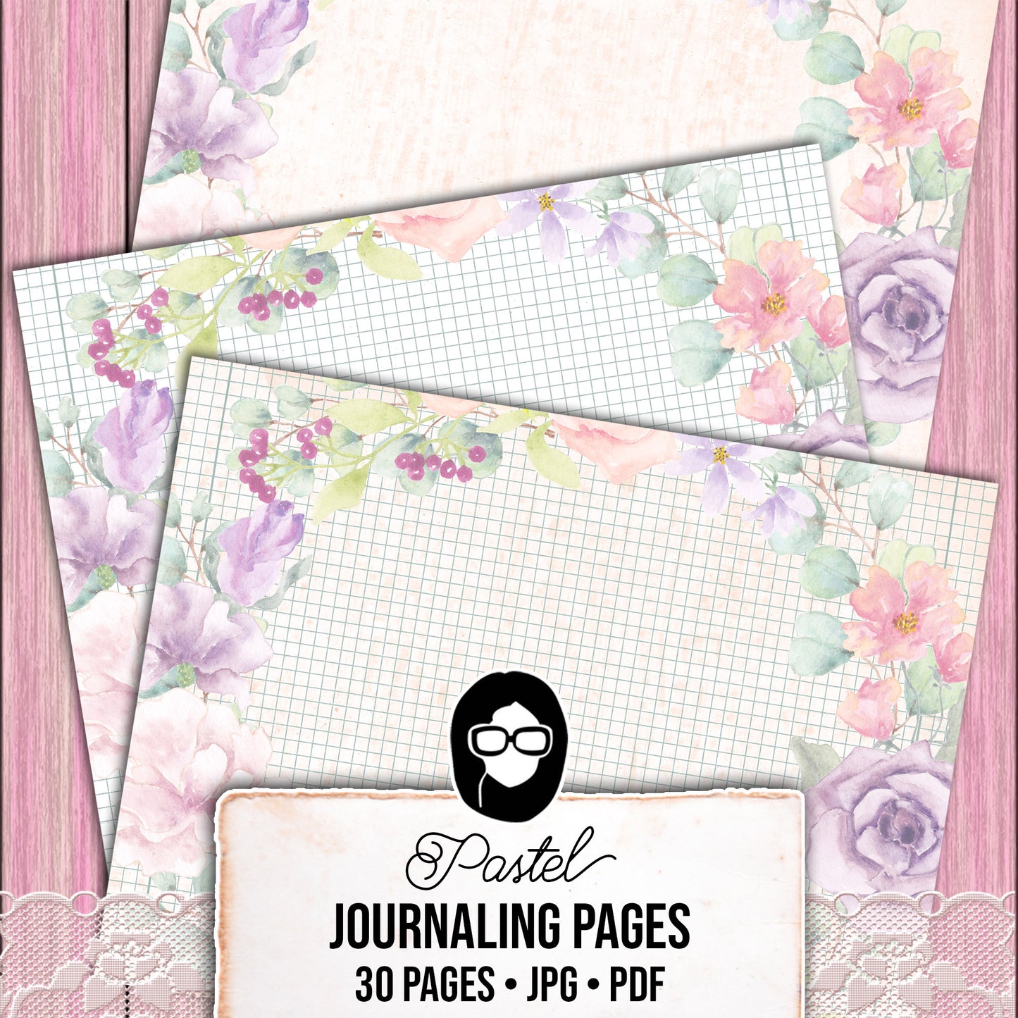 Pastel Junk Journal Pages, Scrapbook Paper -30pg Digital Download- Lined Journaling Pages, Spring Flowers, Shabby Chic Digital Paper