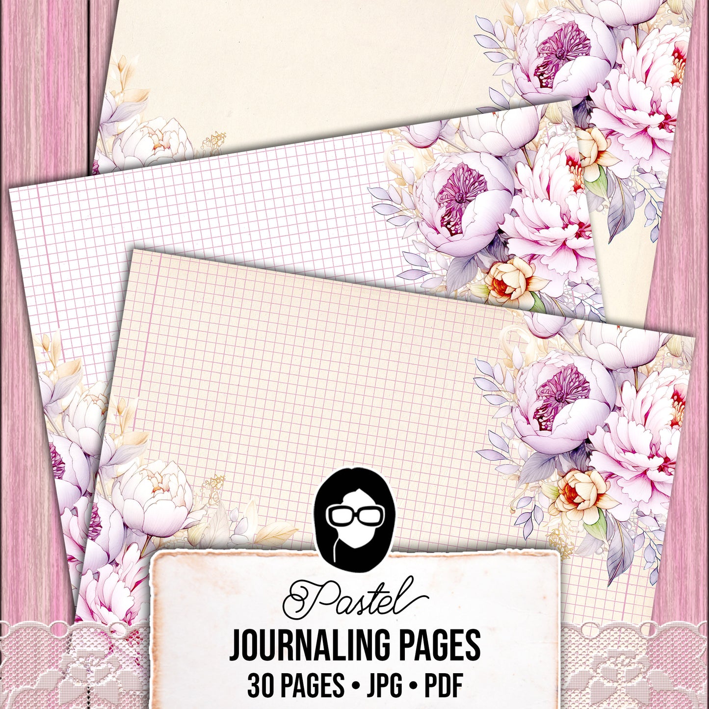 Pastel Junk Journal Pages, Scrapbook Paper -30pg Digital Download- Lined Journaling Pages, Spring Flowers, Shabby Chic Digital Paper