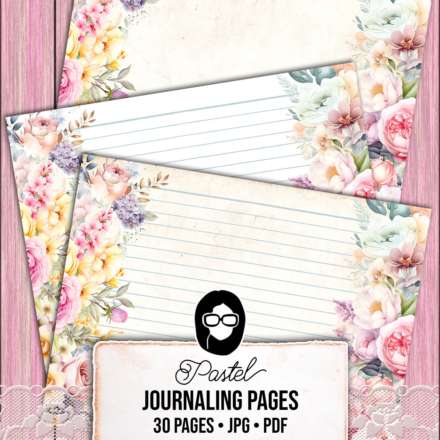 Pastel Junk Journal Pages, Scrapbook Paper -30pg Digital Download- Lined Journaling Pages, Spring Flowers, Shabby Chic Digital Paper