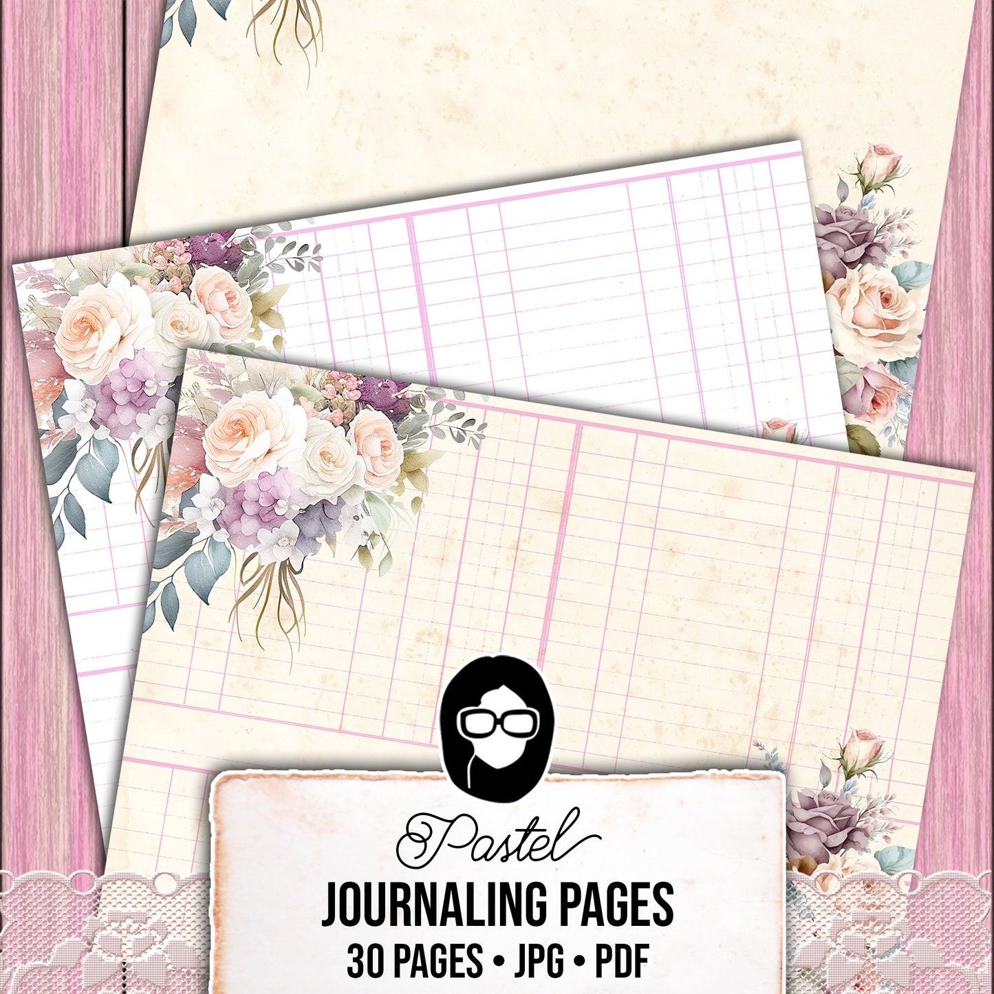 Pastel Junk Journal Pages, Scrapbook Paper -30pg Digital Download- Lined Journaling Pages, Spring Flowers, Shabby Chic Digital Paper