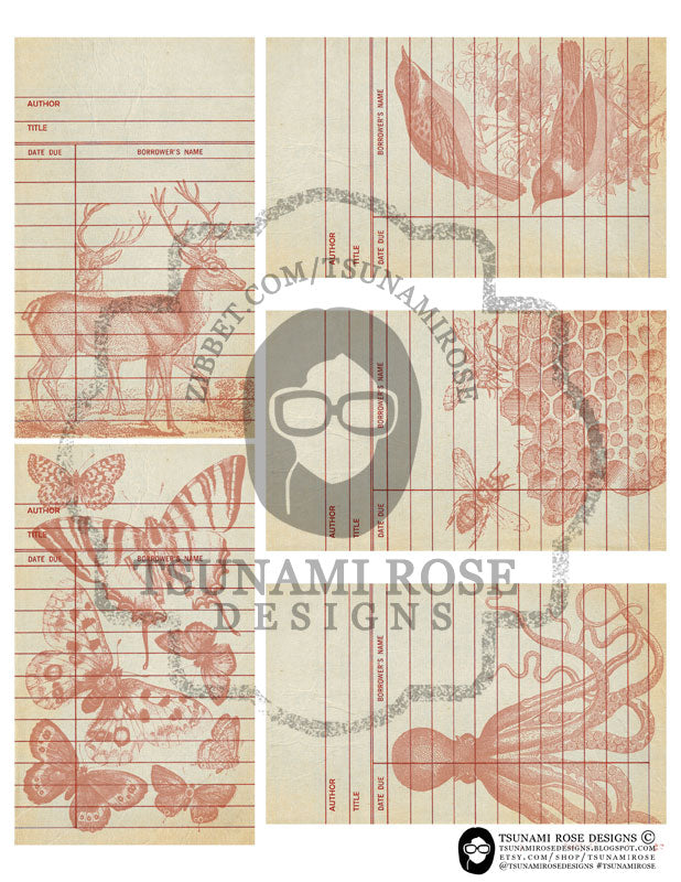 Digital Journal Kits - Library Cards 2 Set #1- 6 Page Instant Download - ephemera pack, altered art kit, junk journal kit, journaling kit