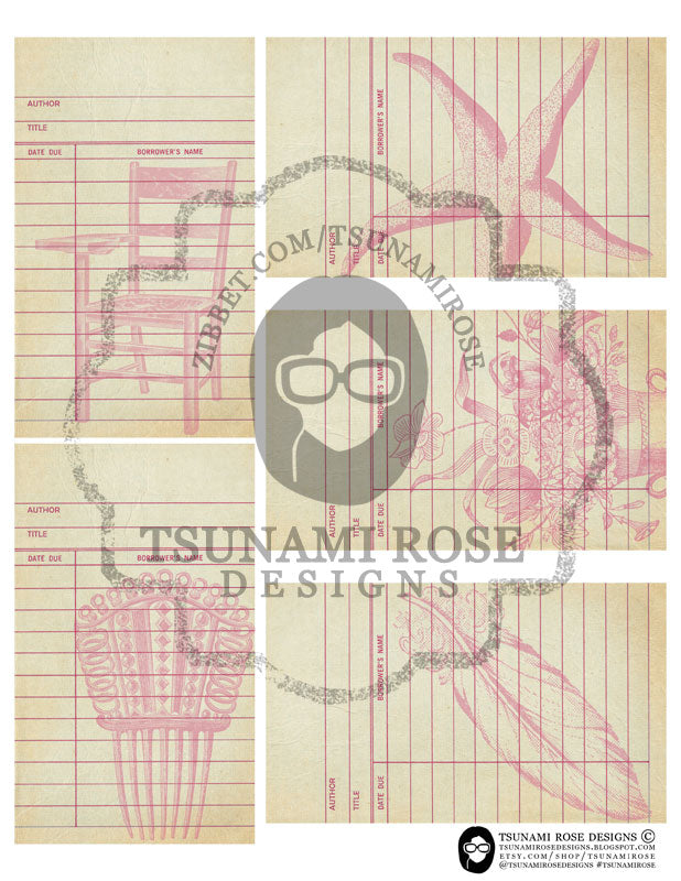 Digital Journal Kits - Library Cards 2 Set #1- 6 Page Instant Download - ephemera pack, altered art kit, junk journal kit, journaling kit