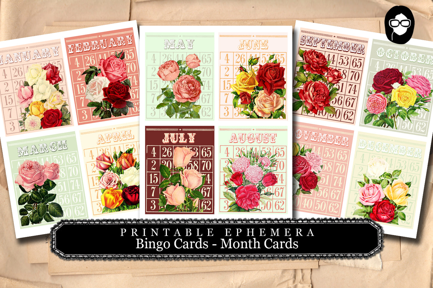 Bingo Flowers Junk Journal Cards - Months of the Year - 3 Pg Instant Download - digital roses floral junk journal supply