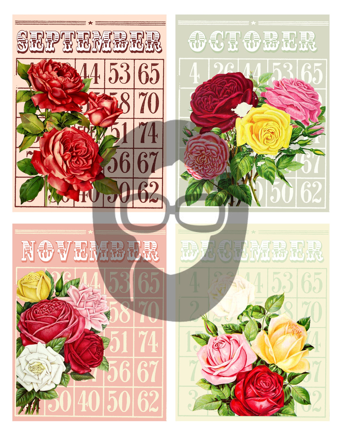 Bingo Flowers Junk Journal Cards - Months of the Year - 3 Pg Instant Download - digital roses floral junk journal supply