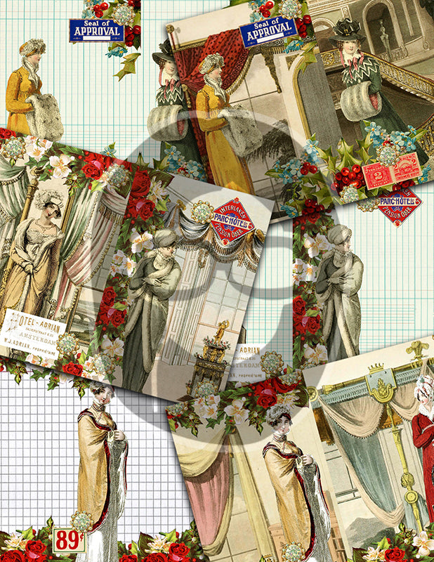 Jane Austen, Junk Journal Kit -38pg Digital Download- Vintage Christmas Journal, Pride & Prejudice, Regency Era Dress, Sense and Sensibility