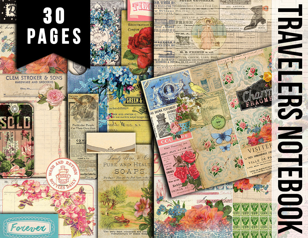 Travelers Notebook, Junk Journal Kit - Charming Fragments - 30 Digital Download - travelers notebook, fauxdori insert, Midori Insert Pages