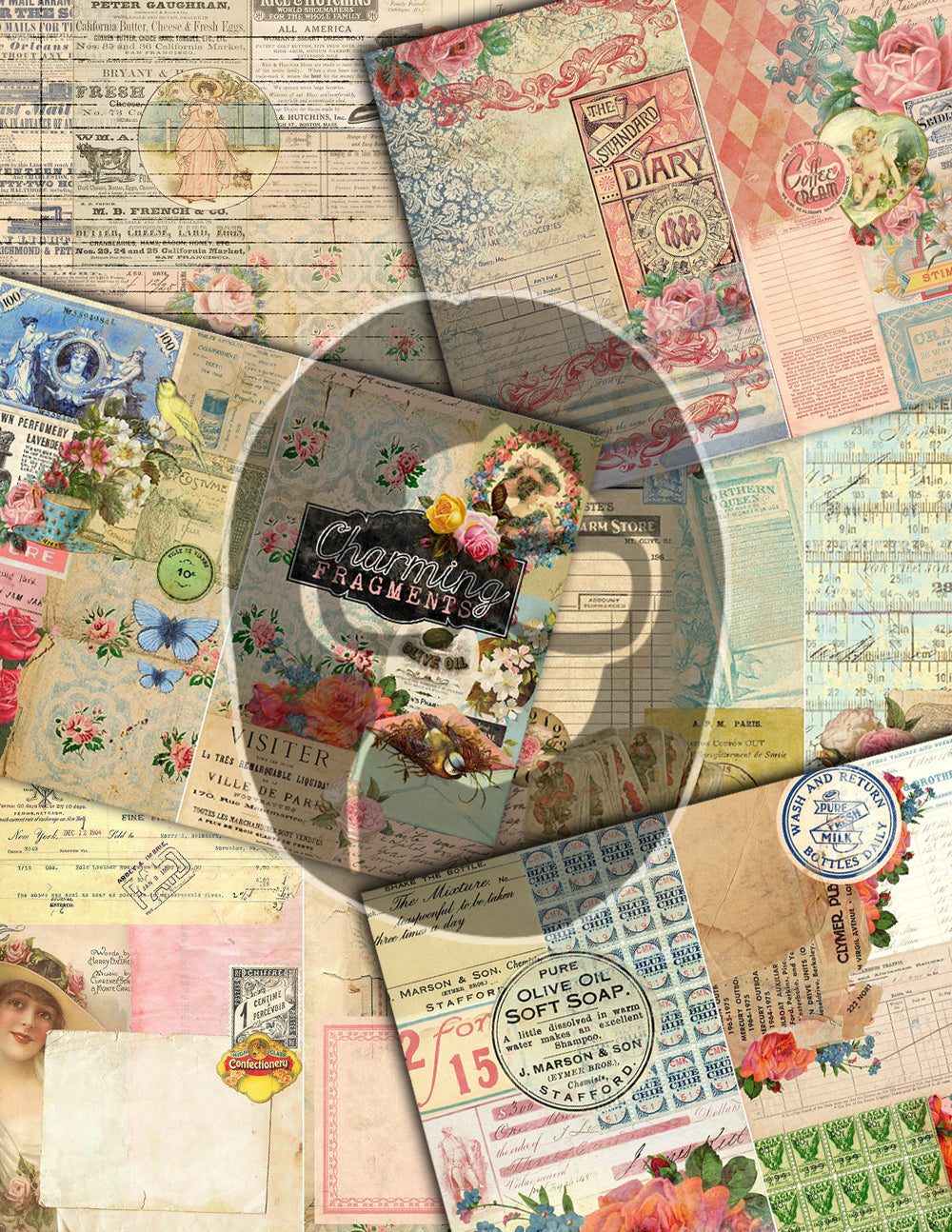 Junk Journaling Kit - Charming Fragments - 30 Journaling Pages - art journal kit, junk journal cover, junk paper pack, digital paper pack