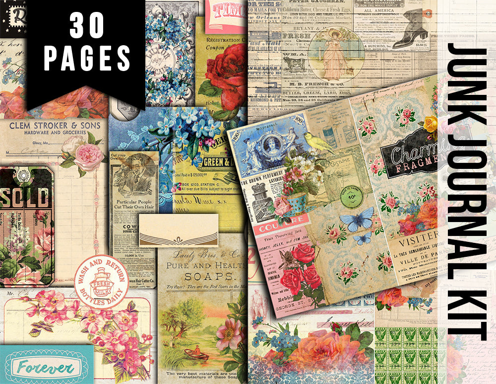 Junk Journaling Kit - Charming Fragments - 30 Journaling Pages - art journal kit, junk journal cover, junk paper pack, digital paper pack