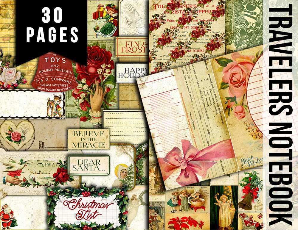 Travelers Notebook - Christmas List Journal Pages - 30 Printable Midori Insert Pages- travellers notebook, fauxdori insert, junk journal kit