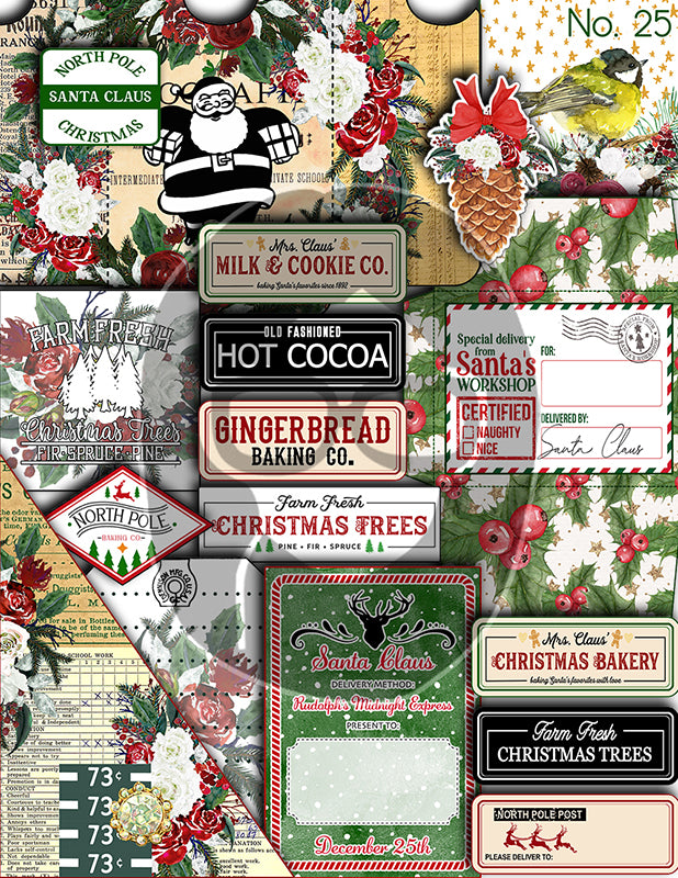 Christmas Printables, Ephemera Fussy Cuts -6pg Digital Download- Junk Journal DIY Kit, Pockets, Envelopes, Labels, Tags, Cards, Titles, Red