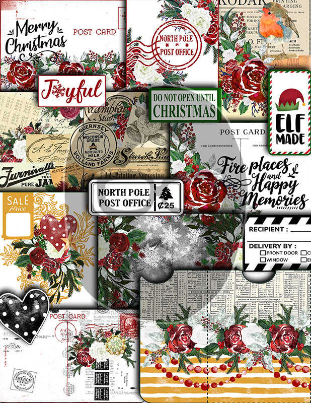 Christmas Printables, Ephemera Fussy Cuts -6pg Digital Download- Junk Journal DIY Kit, Pockets, Envelopes, Labels, Tags, Cards, Titles, Red